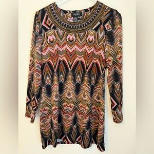 Papillon BOHO Sheath Sweater Dress Multicolor Embroidered Neckline Women’s M